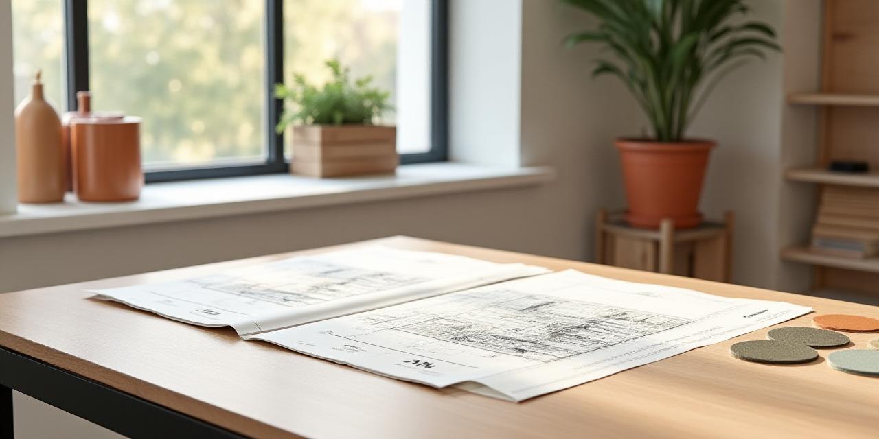 Clean modern workspace with architectural plans and ceramic samples